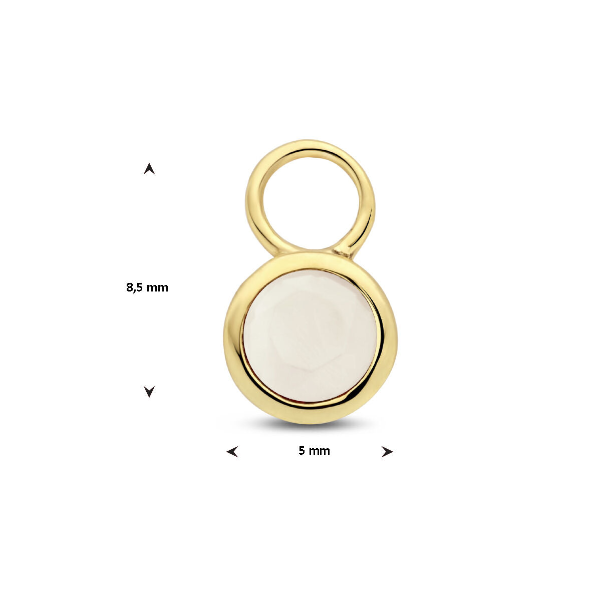 De Van der Kooij Collectie oorringhanger maansteen per stuk 14K geelgoud heeft een kleine ronde hanger met een wit maansteen hart van 8,5 mm hoog en 5 mm breed.