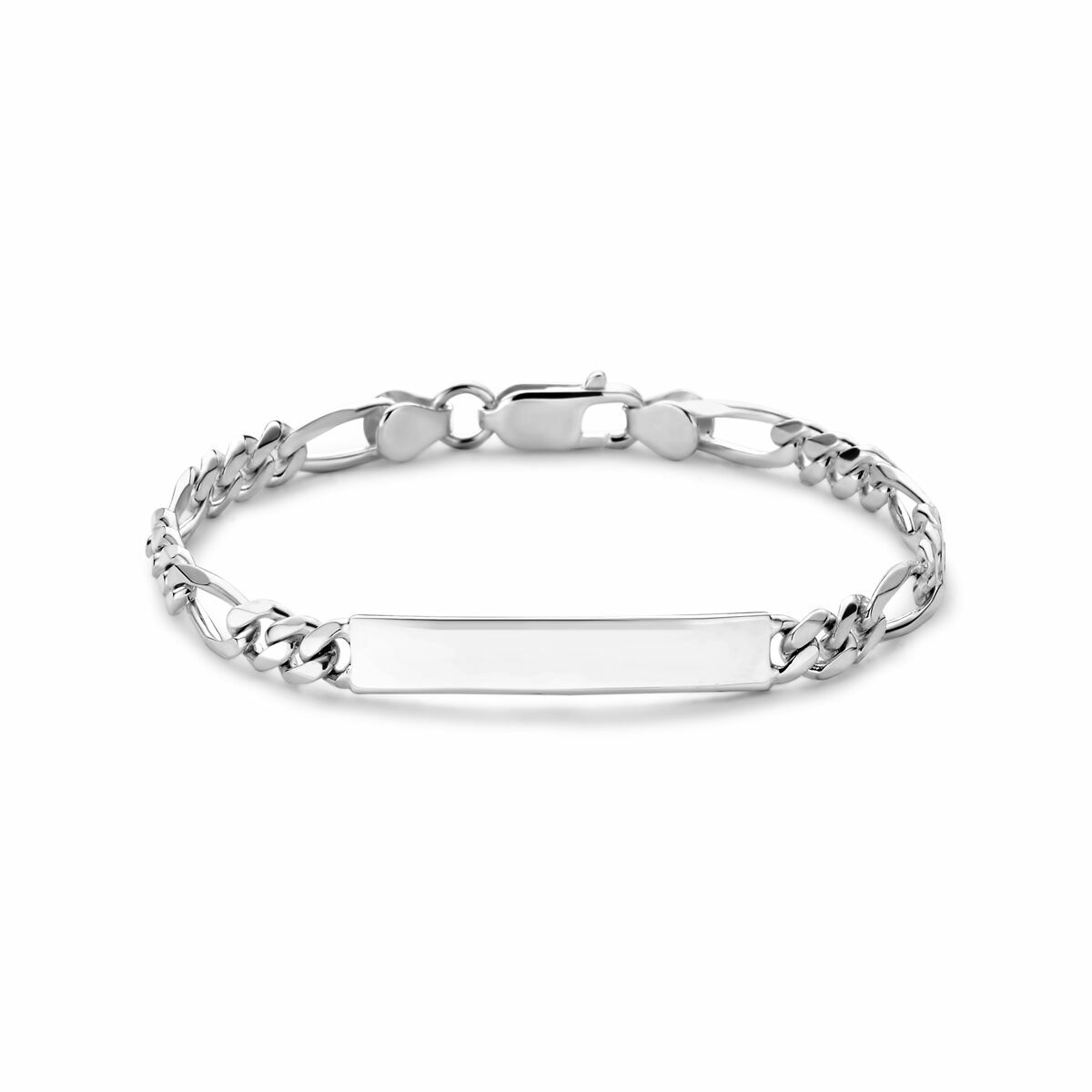 Bracciale figaro in argento bianco con piastra rettangolare per incisione.