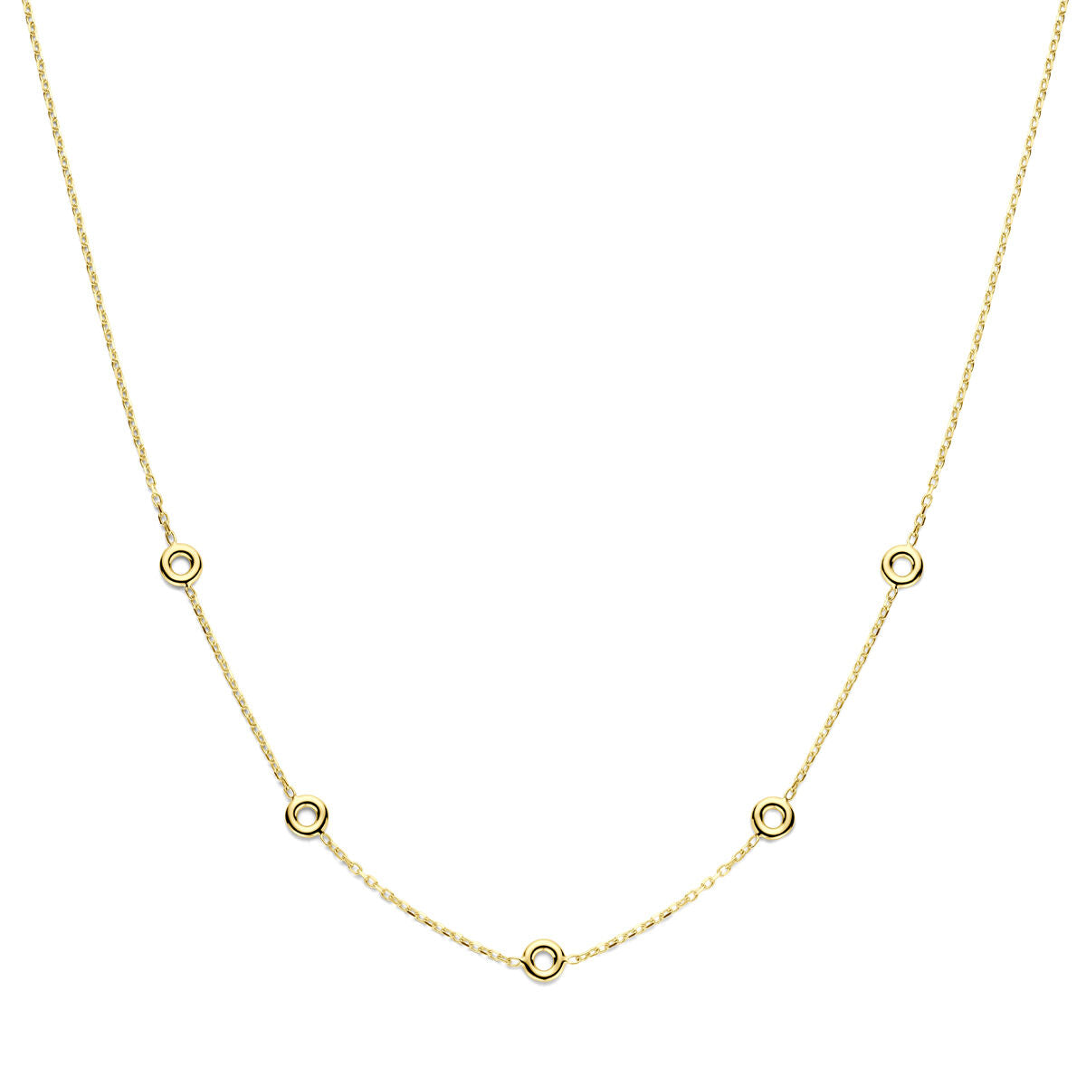 Collana da donna in oro giallo 14k con chiusura a moschettone e dettagli circolari.