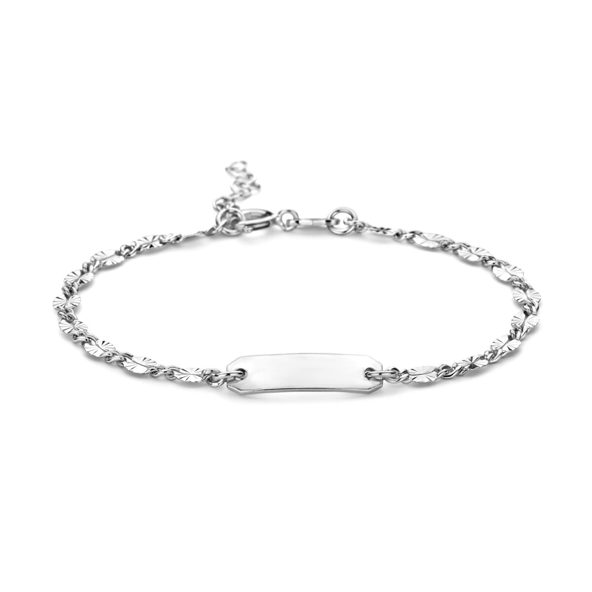 Bracciale in argento rodiato con piastra centrale di 5,0 mm e catena decorativa, lunghezza 16 + 2 cm.