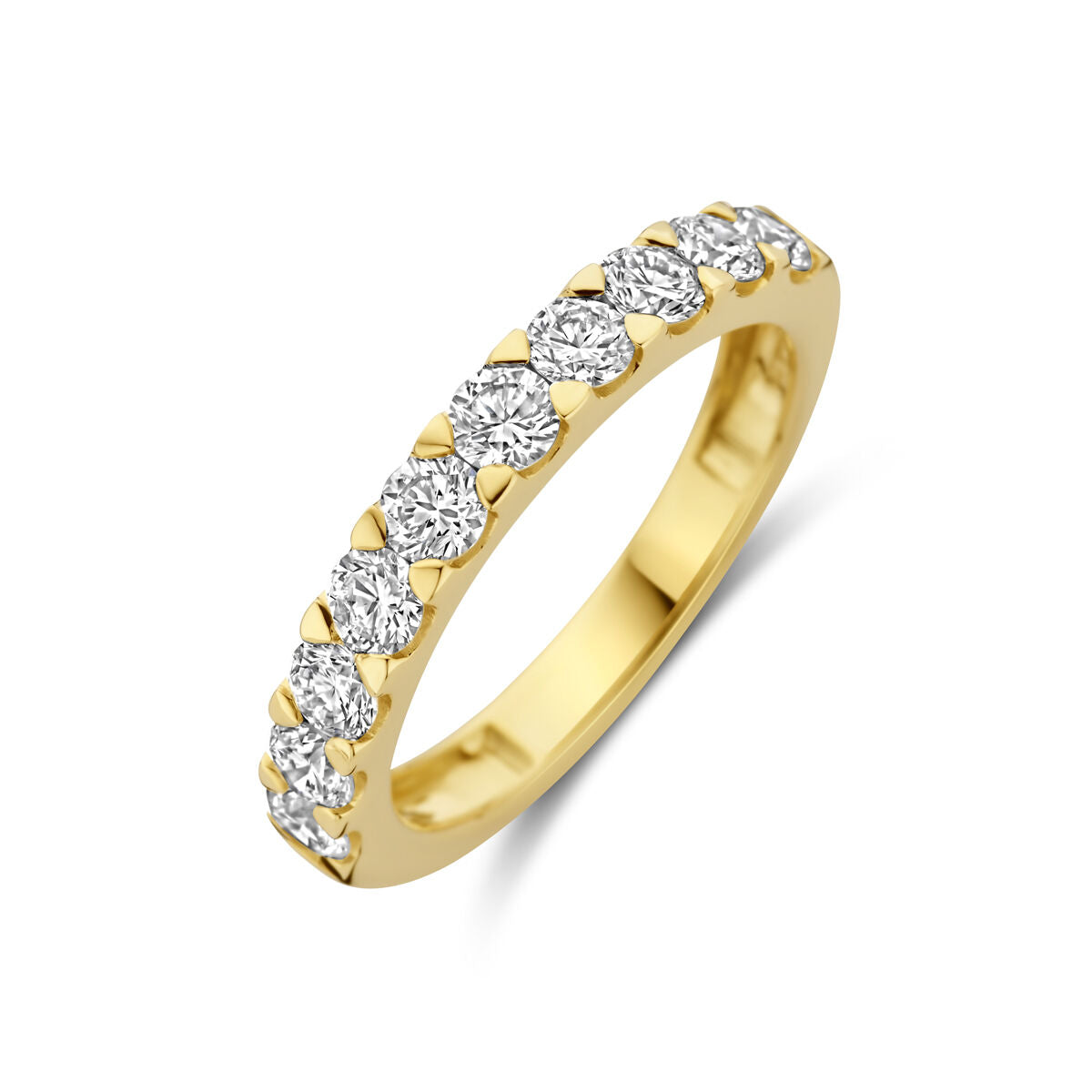 Ring van 14K geelgoud met lab-grown diamanten van 1.00ct, in een rechte schakelvorm met meerdere sprankelende stenen.