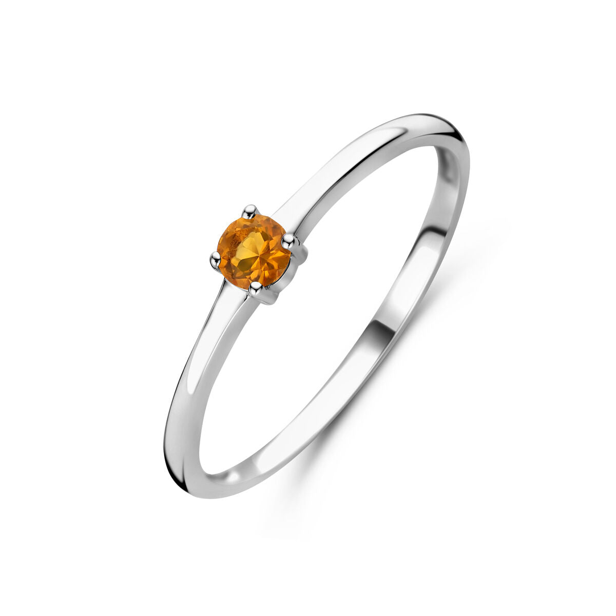 Anello in argento rodiato con pietra di nascita di novembre, citrino, di forma rotonda.