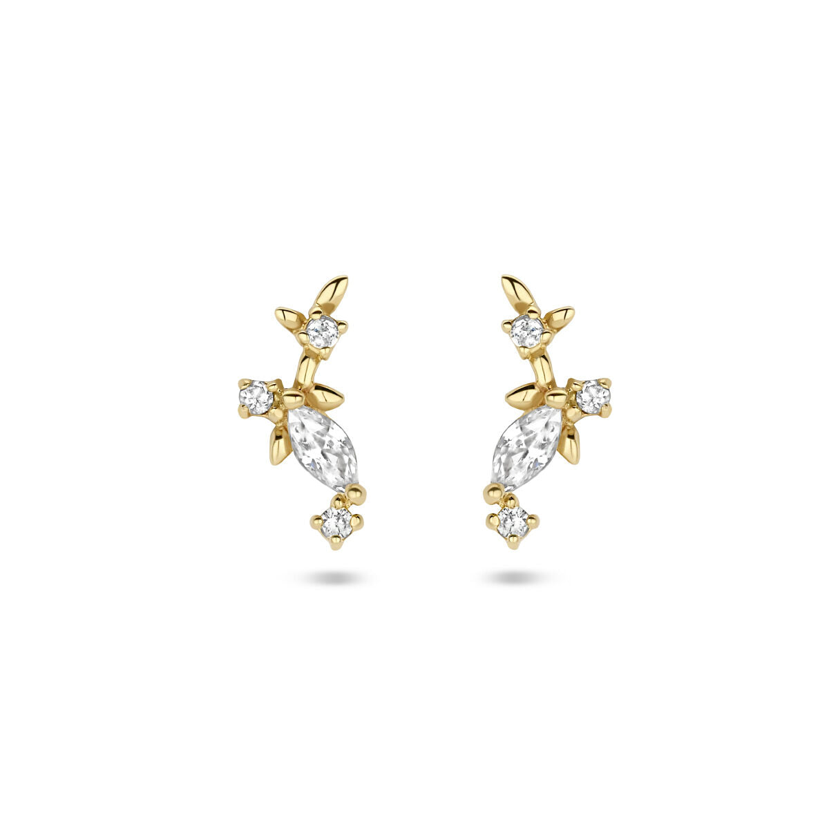 Orecchini in oro giallo 14K con zirconi, design floreale con pietre brillanti.