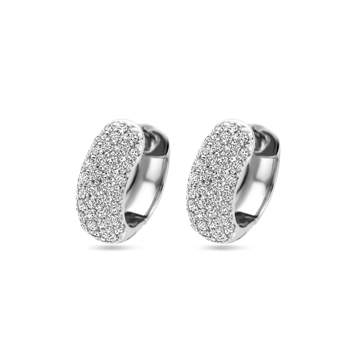 Orecchini alla creola in argento rodiato con zircone, diametro 16 mm.