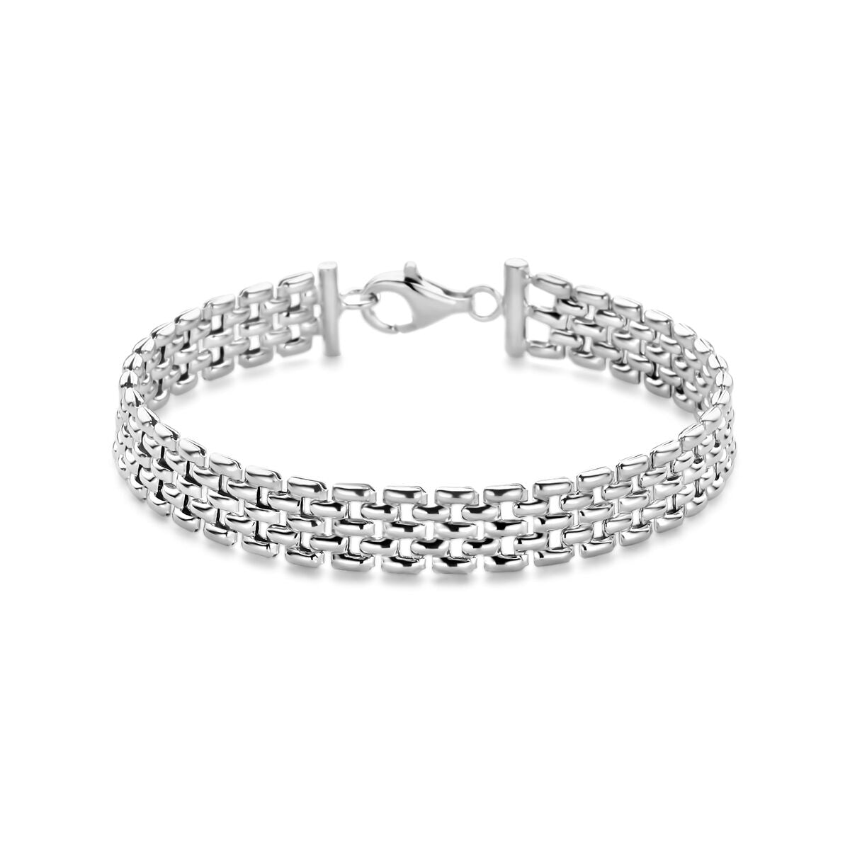 Bracciale in argento rodiato con maglia panter di 8 mm e lunghezza di 19 cm.