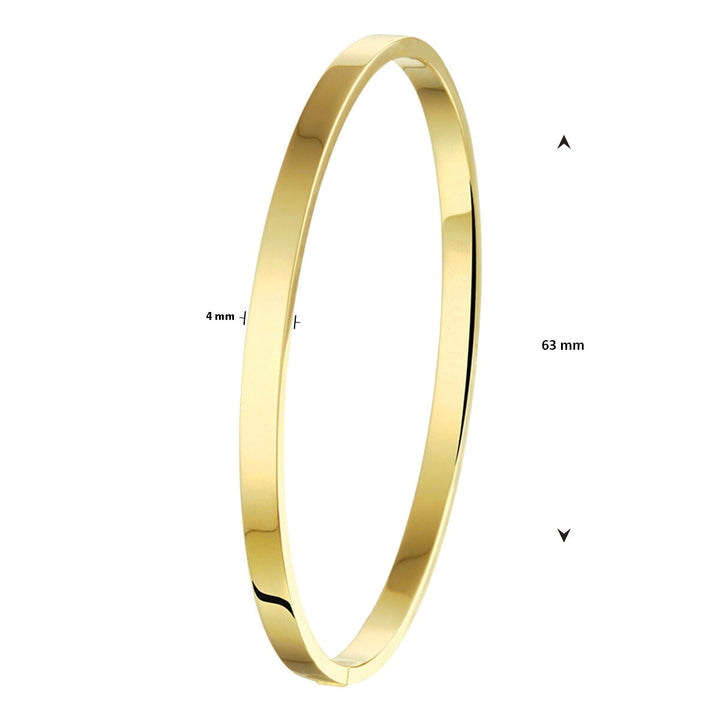 Een strakke bangle scharnier massief vlakke buis 4,0 mm Zilgold (geelgoud met zilverkern) van Van der Kooij Collectie is weergegeven op een witte achtergrond met maataanduidingen; het unisex ontwerp past bij elke stijl.