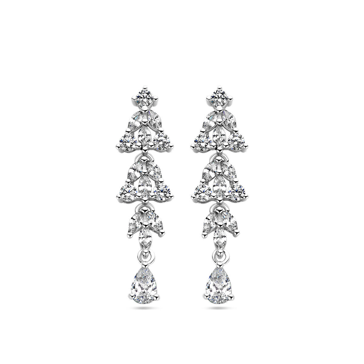 Orecchini in argento rodiato con zirconi, design a cascata con gocce.