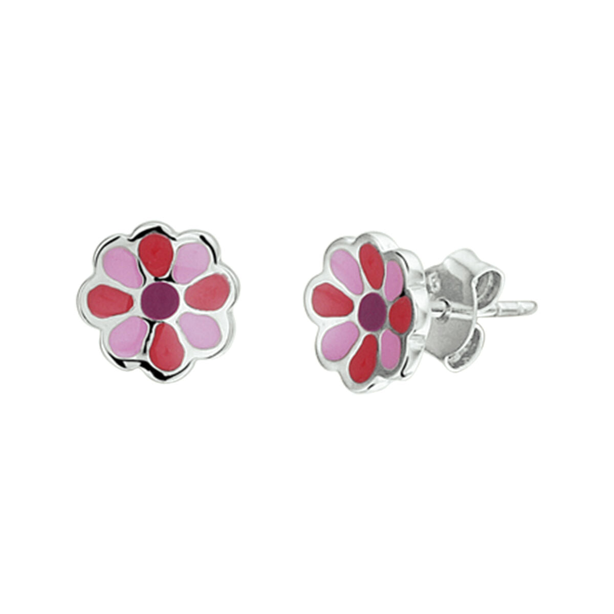 Orecchini a forma di fiore in argento rodiato con smalto rosa e rosso.