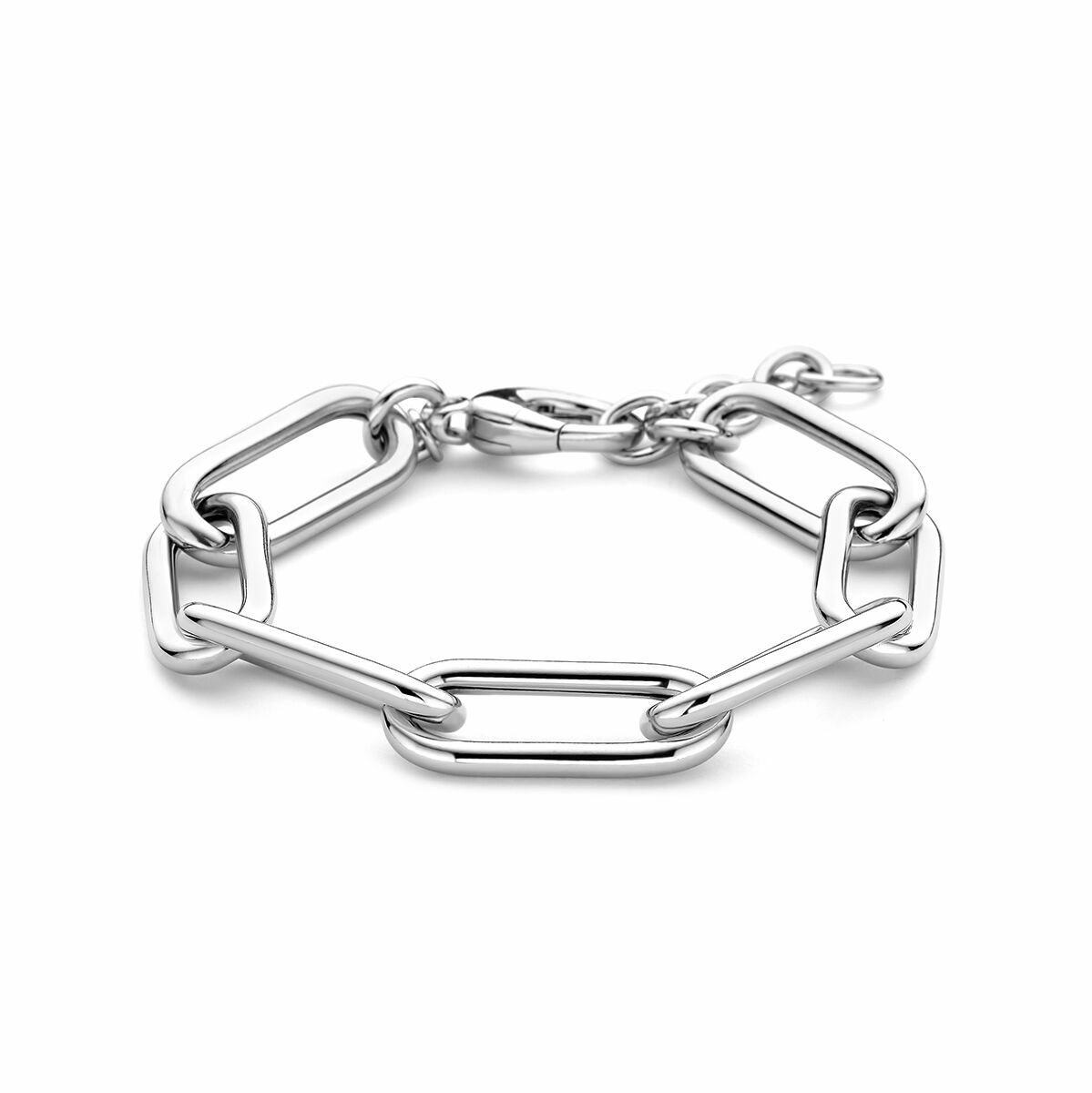 Bracciale in argento rodiato con maglie a forma di clip di carta, lunghezza 19 + 3 cm.