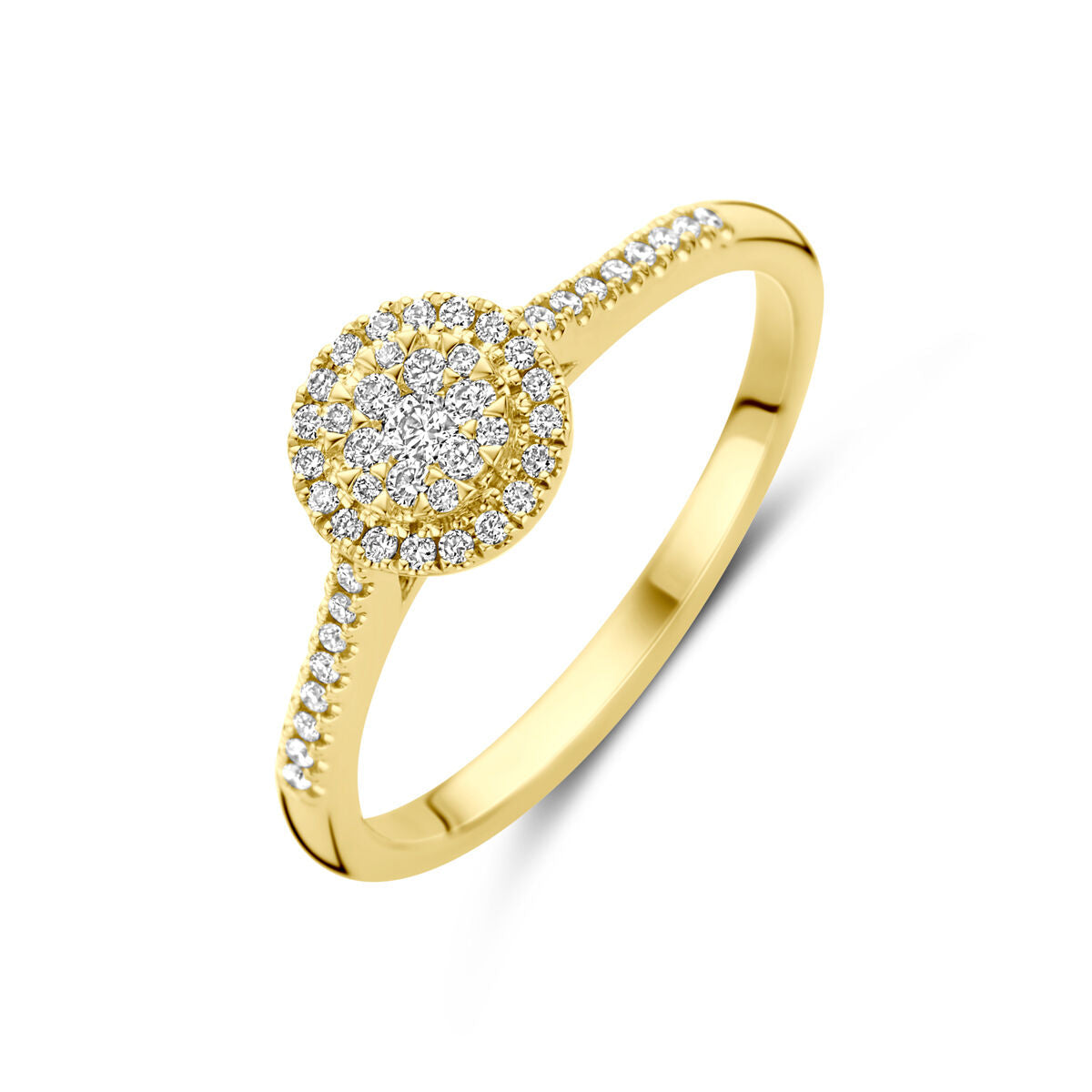 Anello in oro giallo 14K con diamanti da 0,19 ct, design a cerchio con pavé di brillanti.