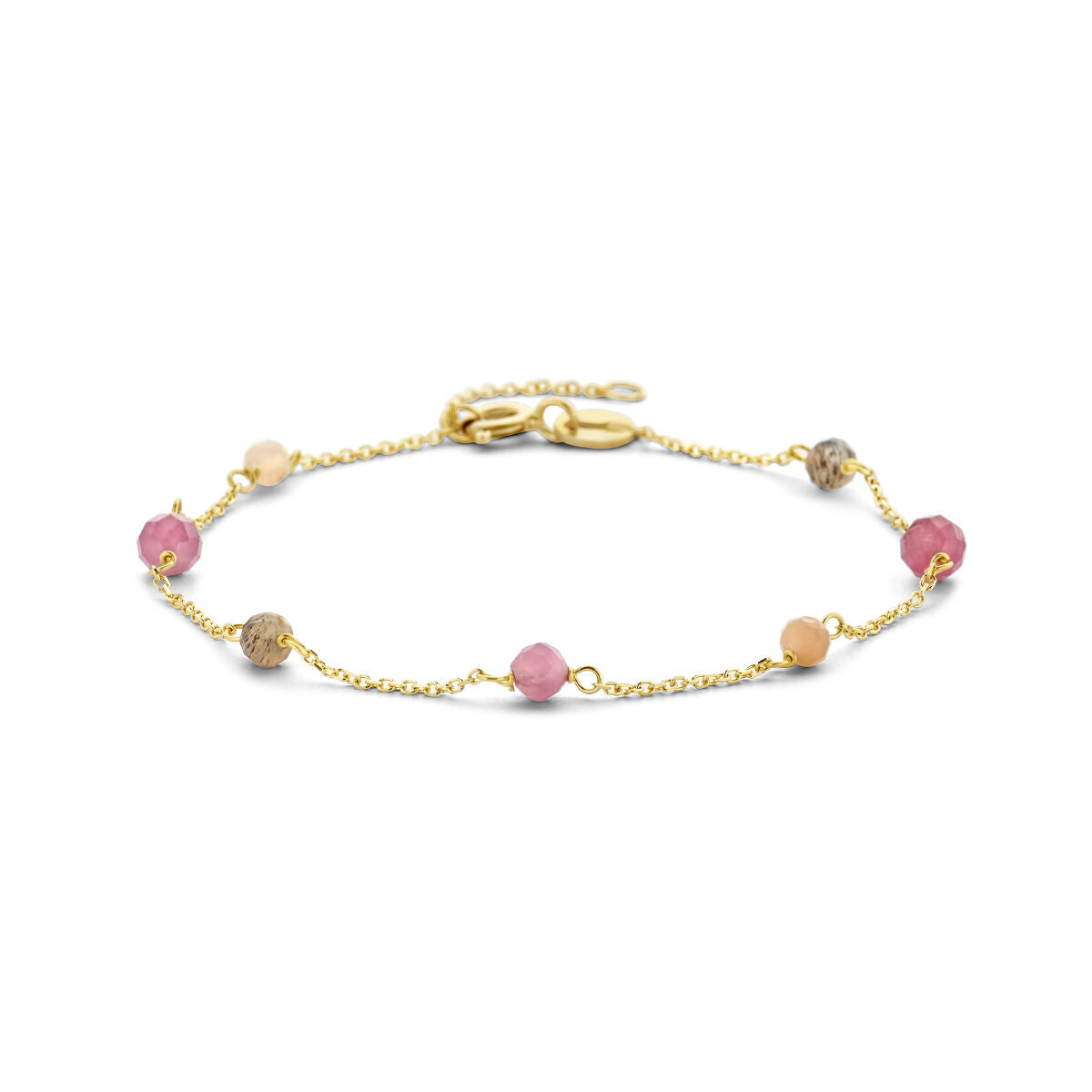 Bracciale in oro giallo 14K con sfere di tormalina rosa e beige, lunghezza 16-18 cm.
