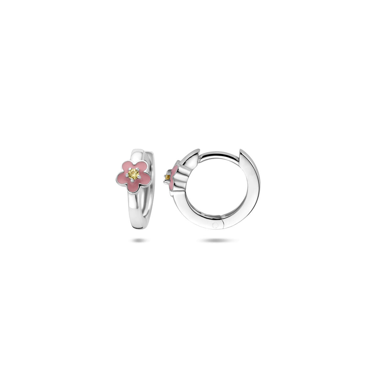 Creoli con chiusura a scatto in argento con fiore smaltato e zirconia gialla – 12 x 4.5 mm