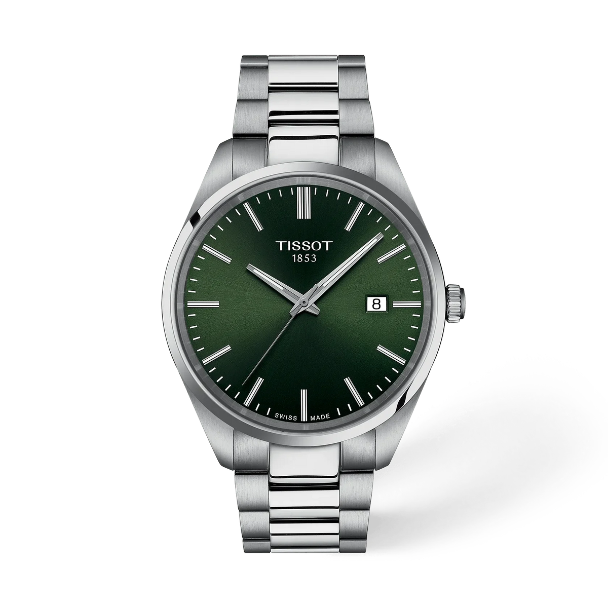 Orologio Tissot PR 100 con cassa in acciaio inox, quadrante verde e bracciale a maglia rolò.