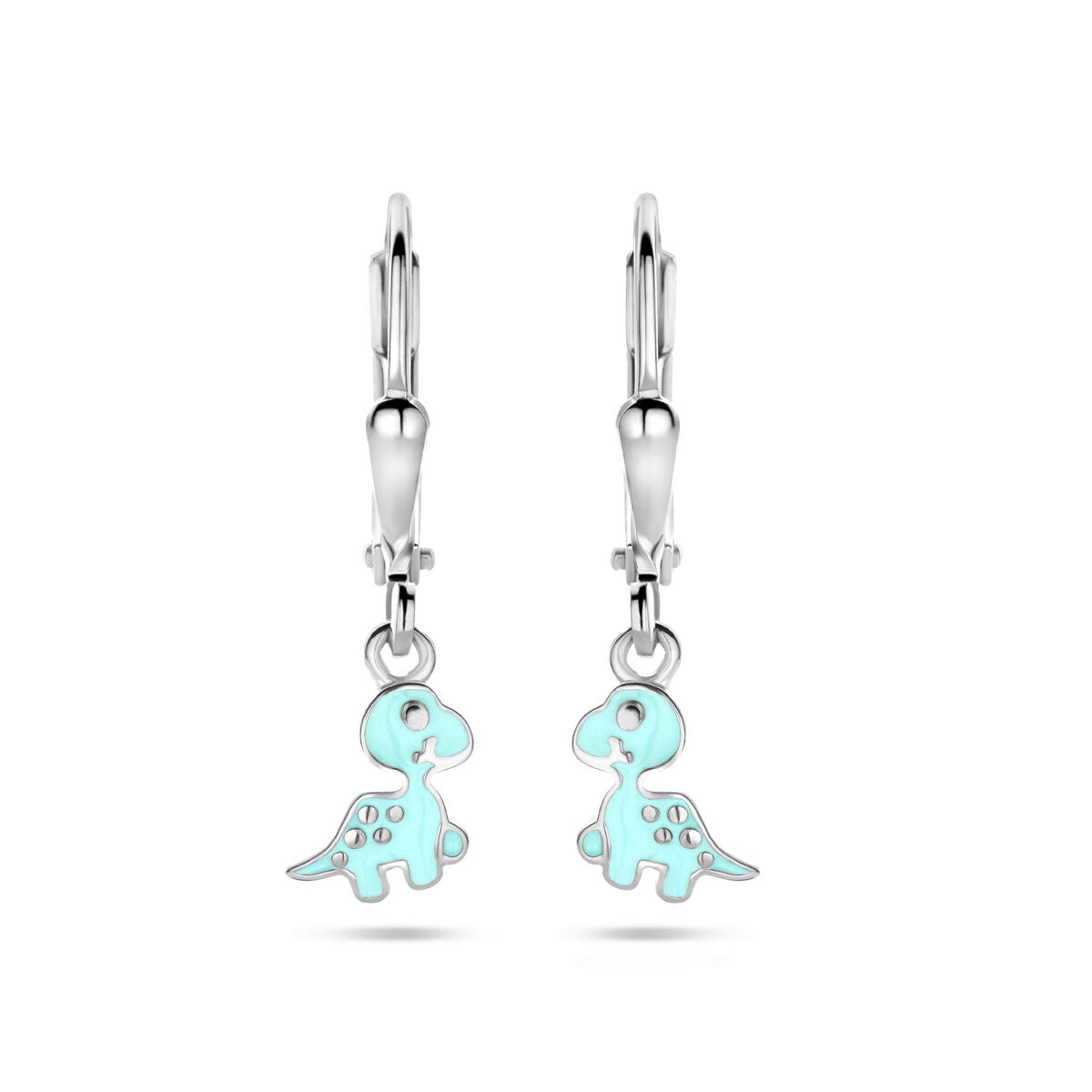 Orecchini pendenti a catena con dinosauro smaltato azzurro e finitura in argento rodiato.