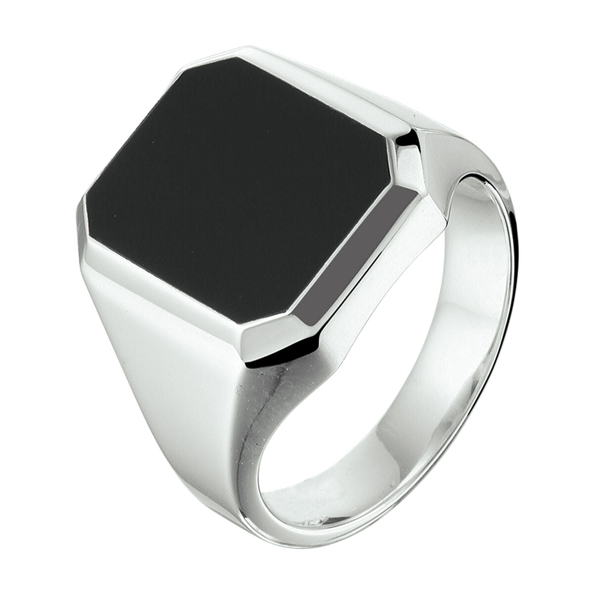 Anello con sigillo in argento bianco con onice massiccio, forma ottagonale.