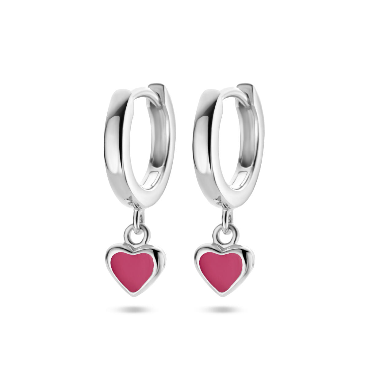 Orecchini alla creola in argento rodiato con pendente a forma di cuore rosa.