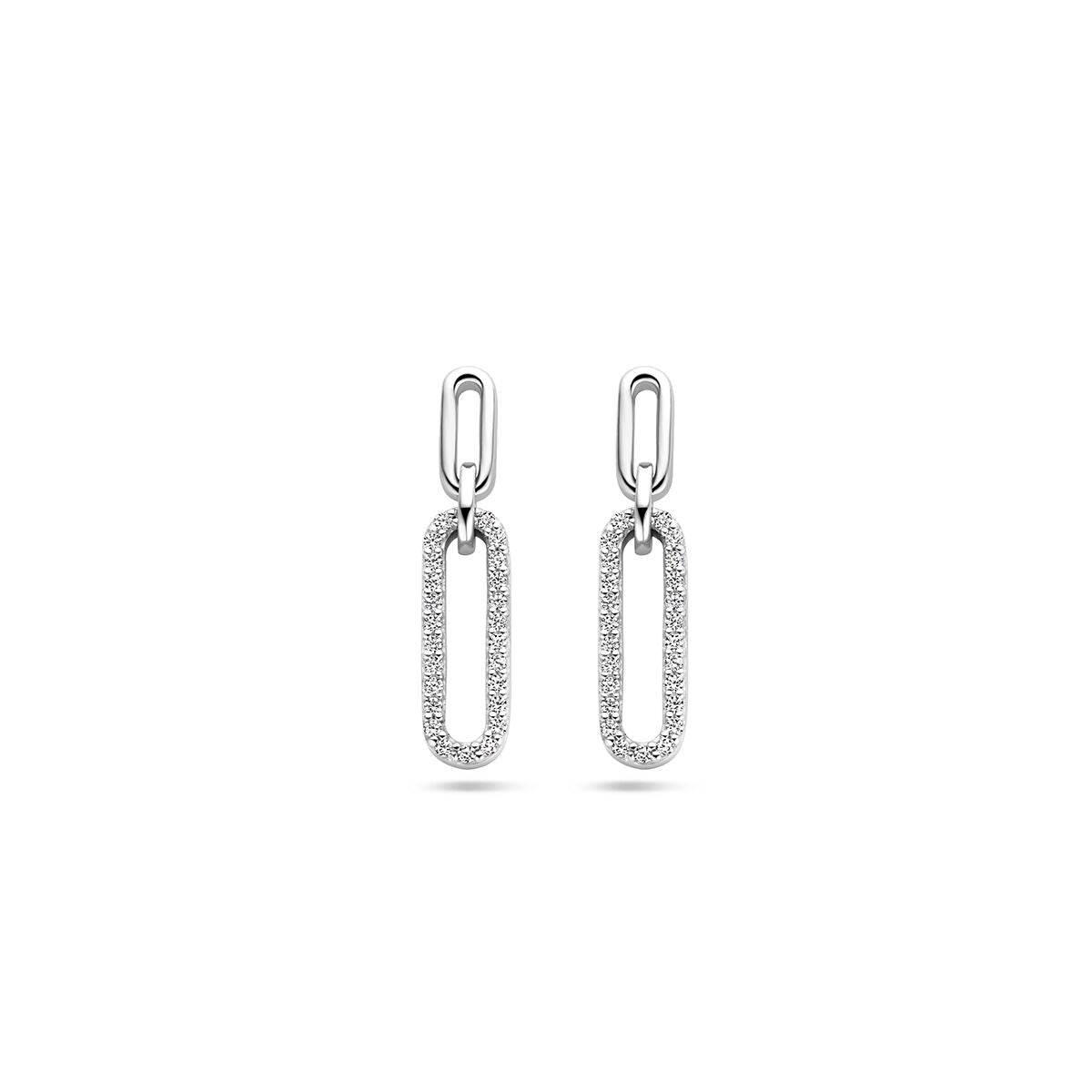 Orecchini in argento rodiato con zircone, forma ovale allungata.