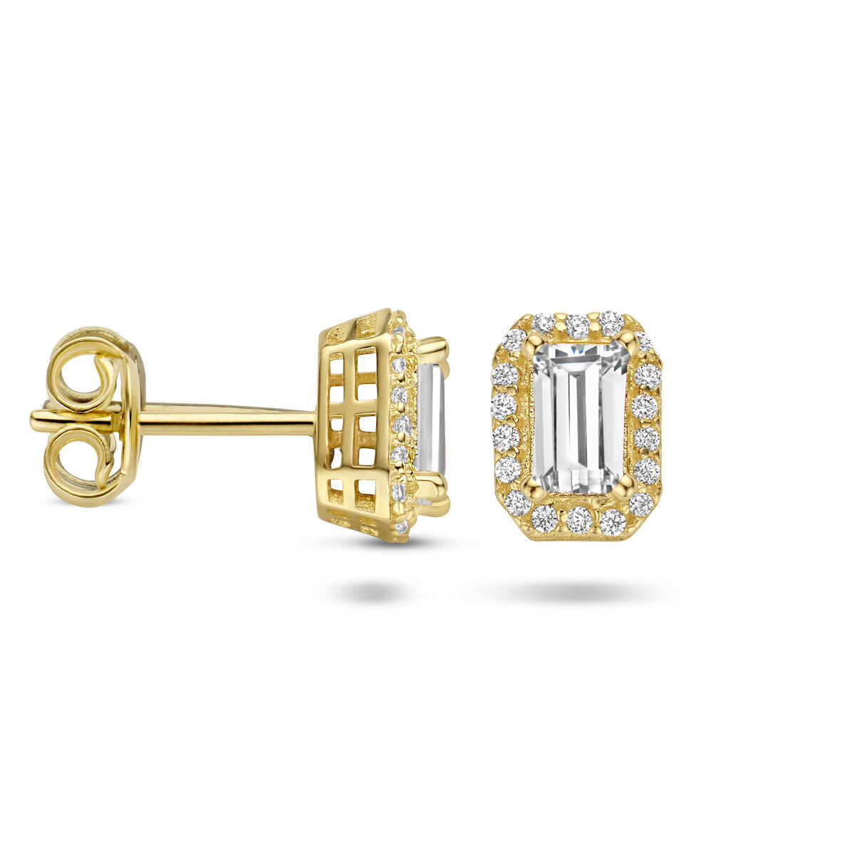 orecchini a bottone zirconia halo oro giallo 14K