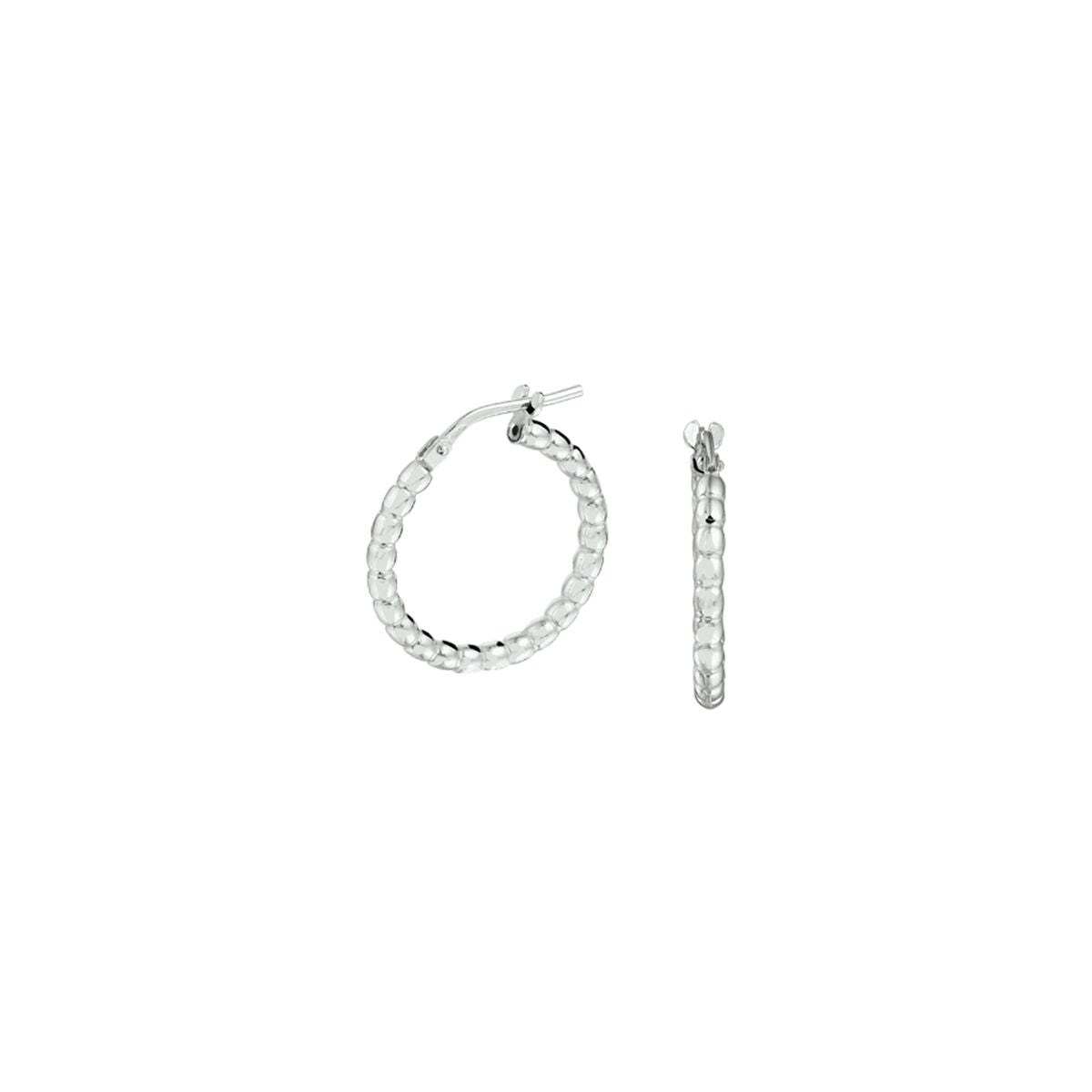 Orecchini alla creola in argento rodiato con design intrecciato.