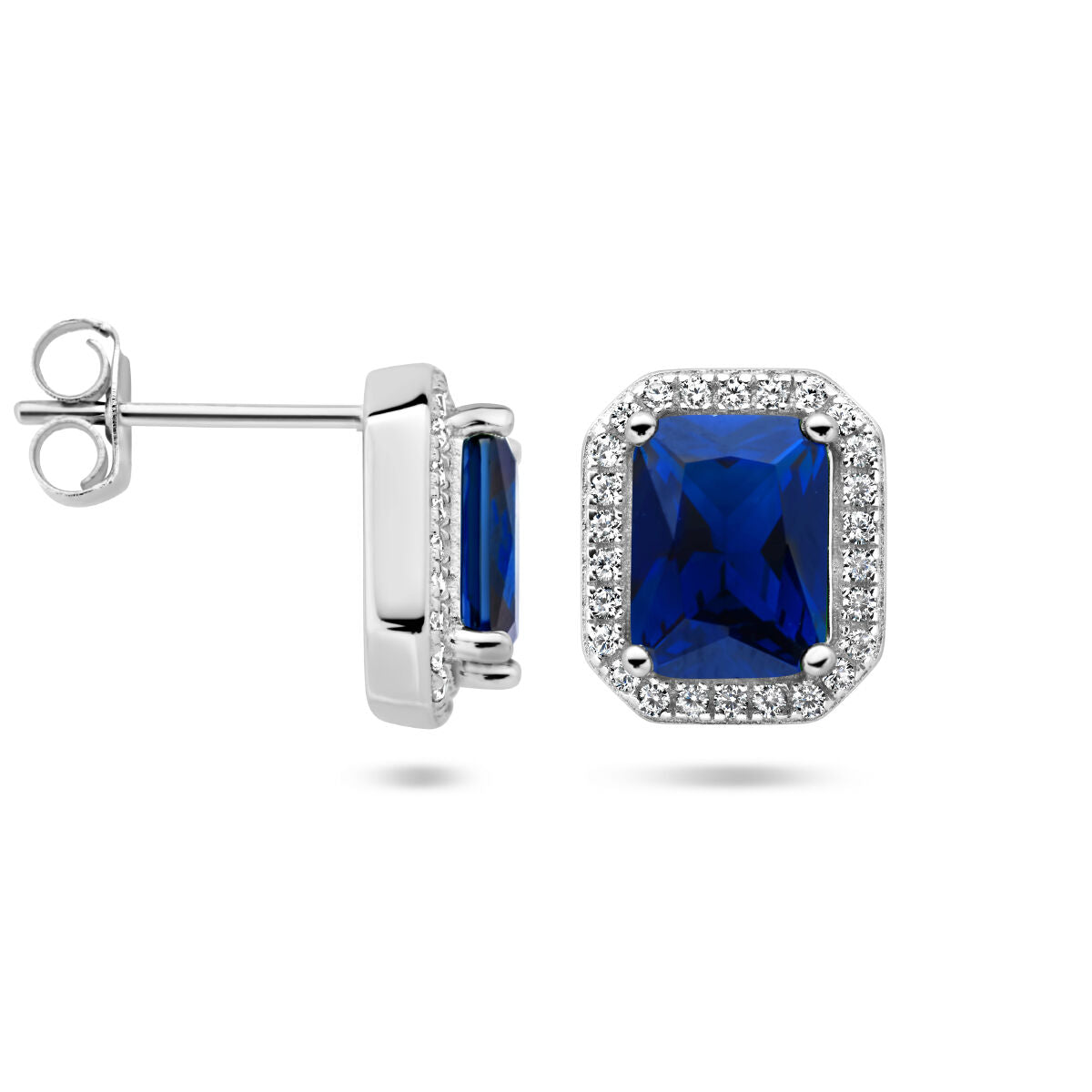 Orecchini a bottone blu e bianco zirconia halo argento rodiato