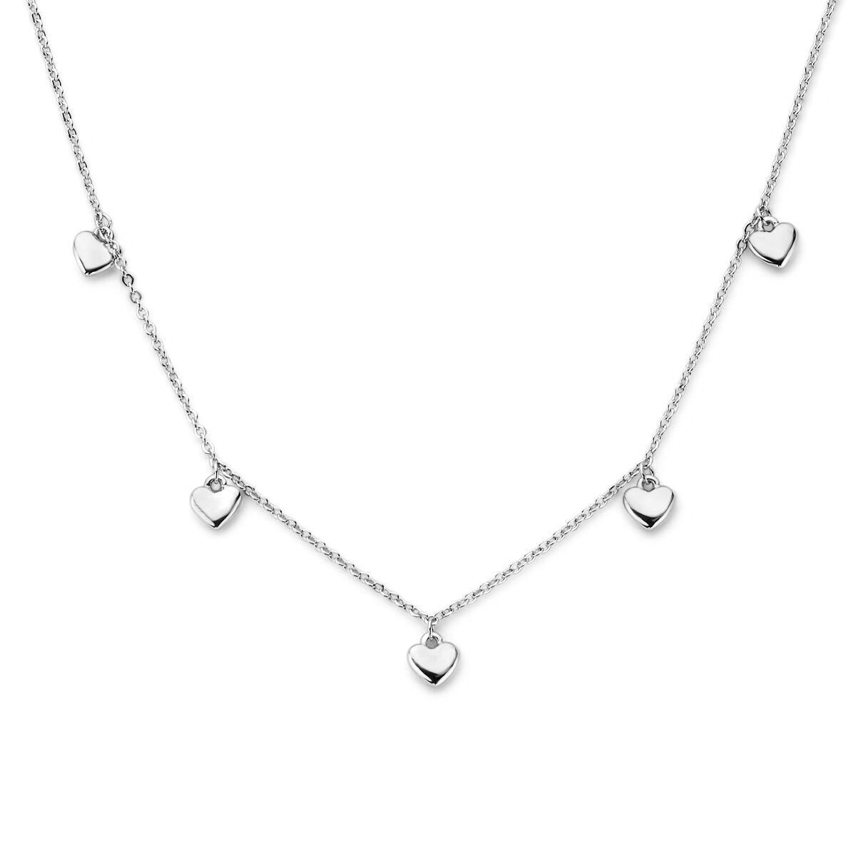Collana in argento rodiato con pendenti a forma di cuore, lunghezza 41 + 4 cm.