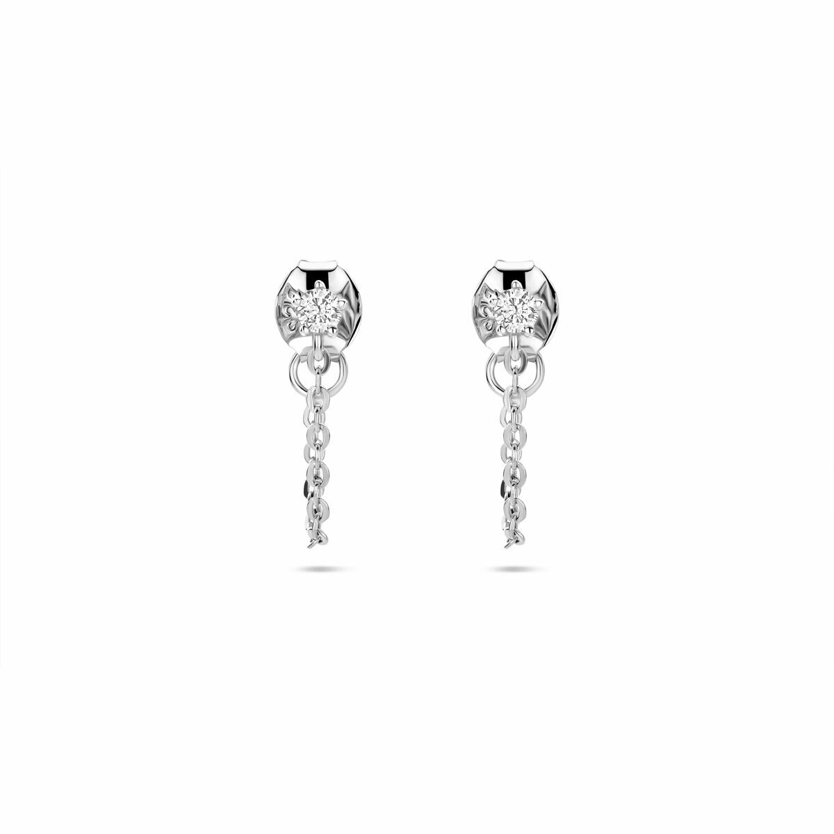 Orecchini in argento 925 rodiato con zirconi, pendenti con catena.