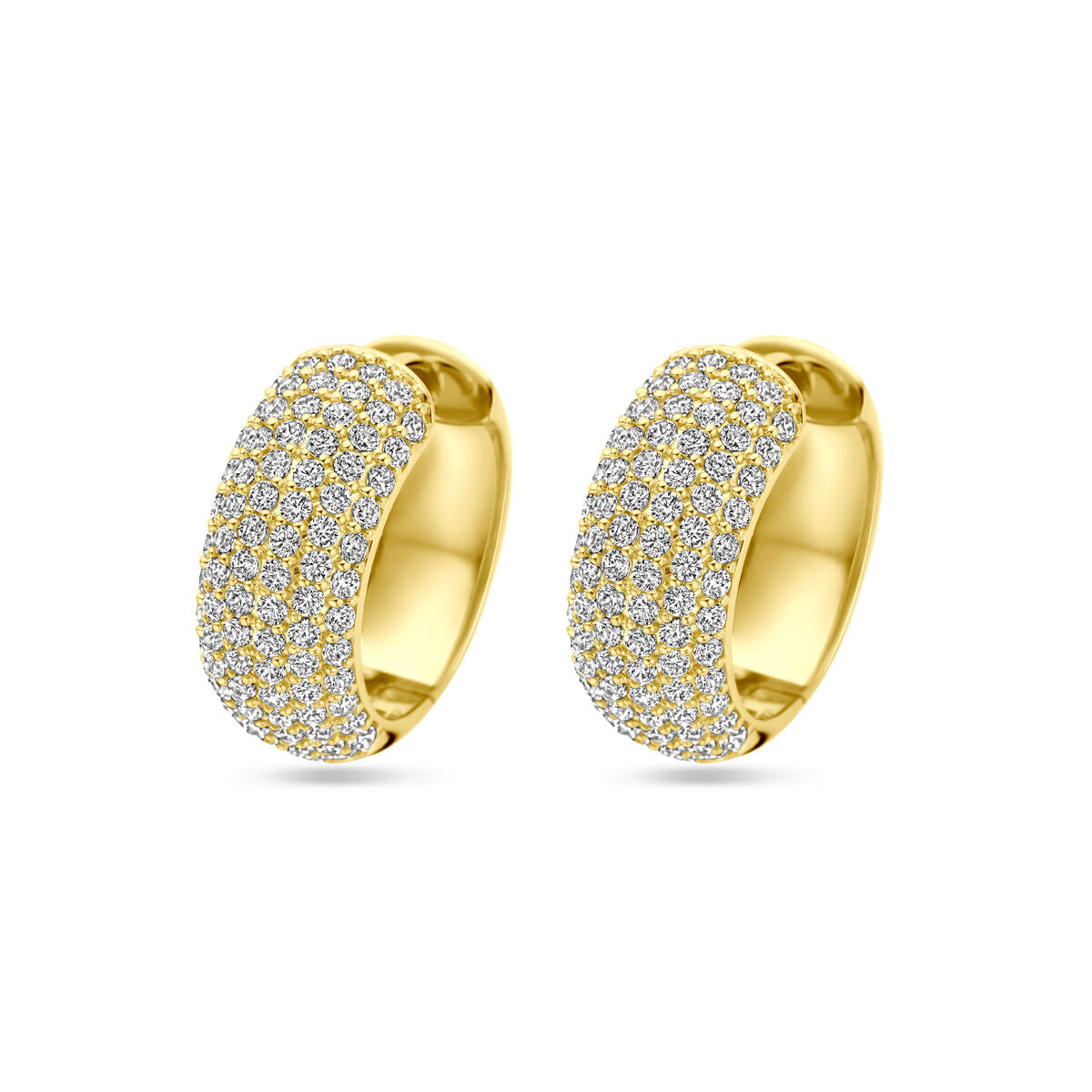 Klapoorringen van 1 micron zilver verguld met een gele afwerking, bezet met zirkonia steentjes.