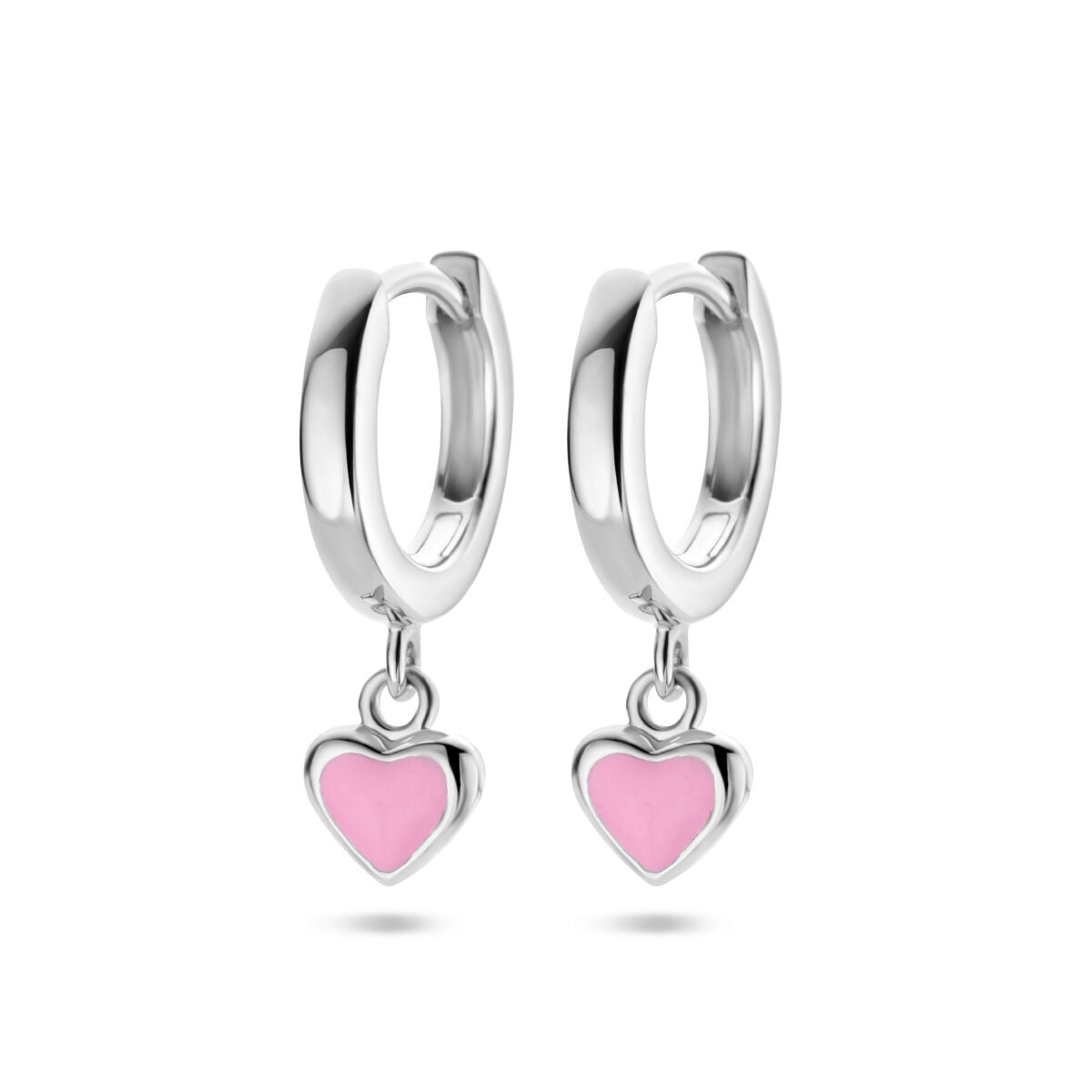 Orecchini alla creola in argento rodiato con pendente a forma di cuore rosa.