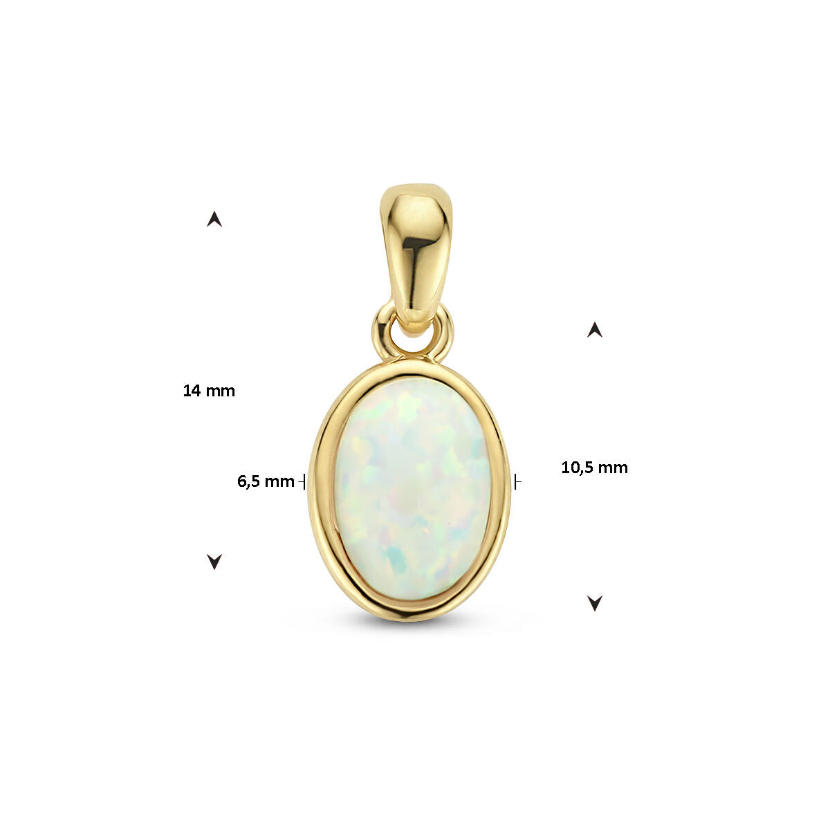 De Van der Kooij Collectie hanger wit opaal 14K geelgoud heeft een ovaal witte opaal (10,5 mm), is 14 mm hoog (incl. oogje) en 6,5 mm breed. De hanger wordt getoond tegen een witte achtergrond.