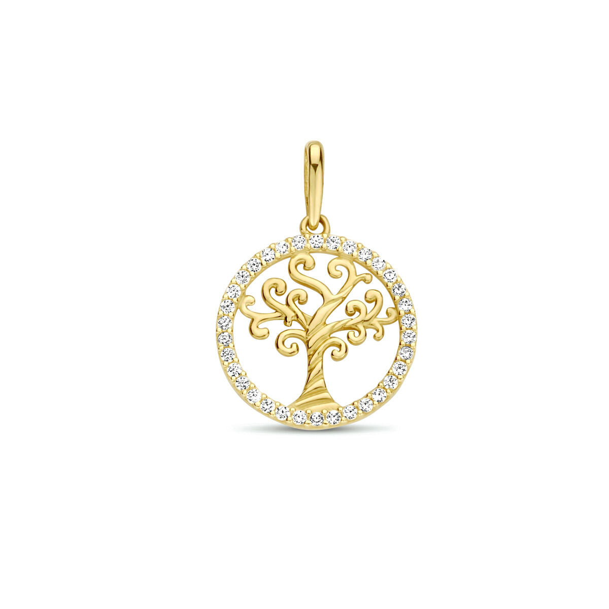 Ciondolo in oro giallo 14K con albero della vita, decorato con zirconi.