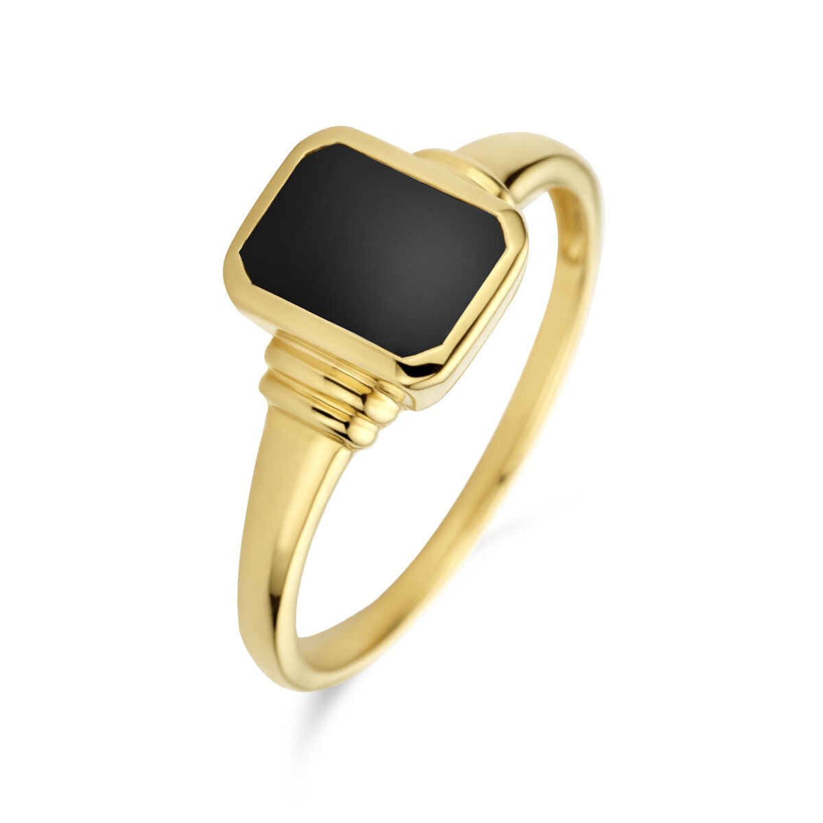 Anello in oro giallo 14K con pietra di onice nera rettangolare.
