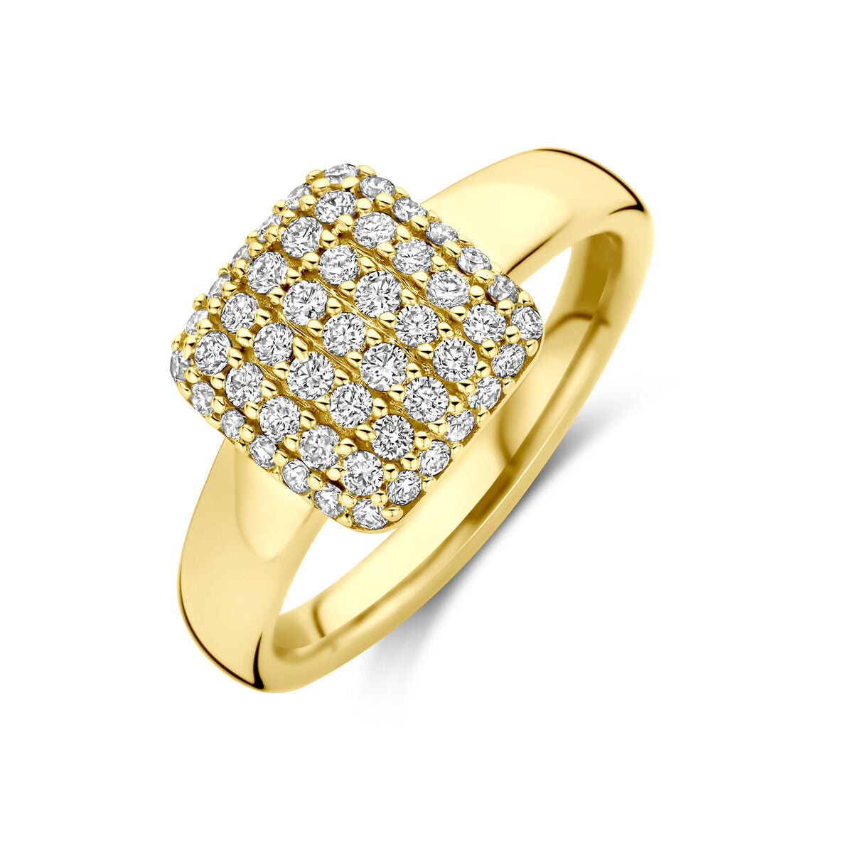 Anello da donna in oro giallo 14k con diamanti lab-grown da 0,50 ct, design quadrato.