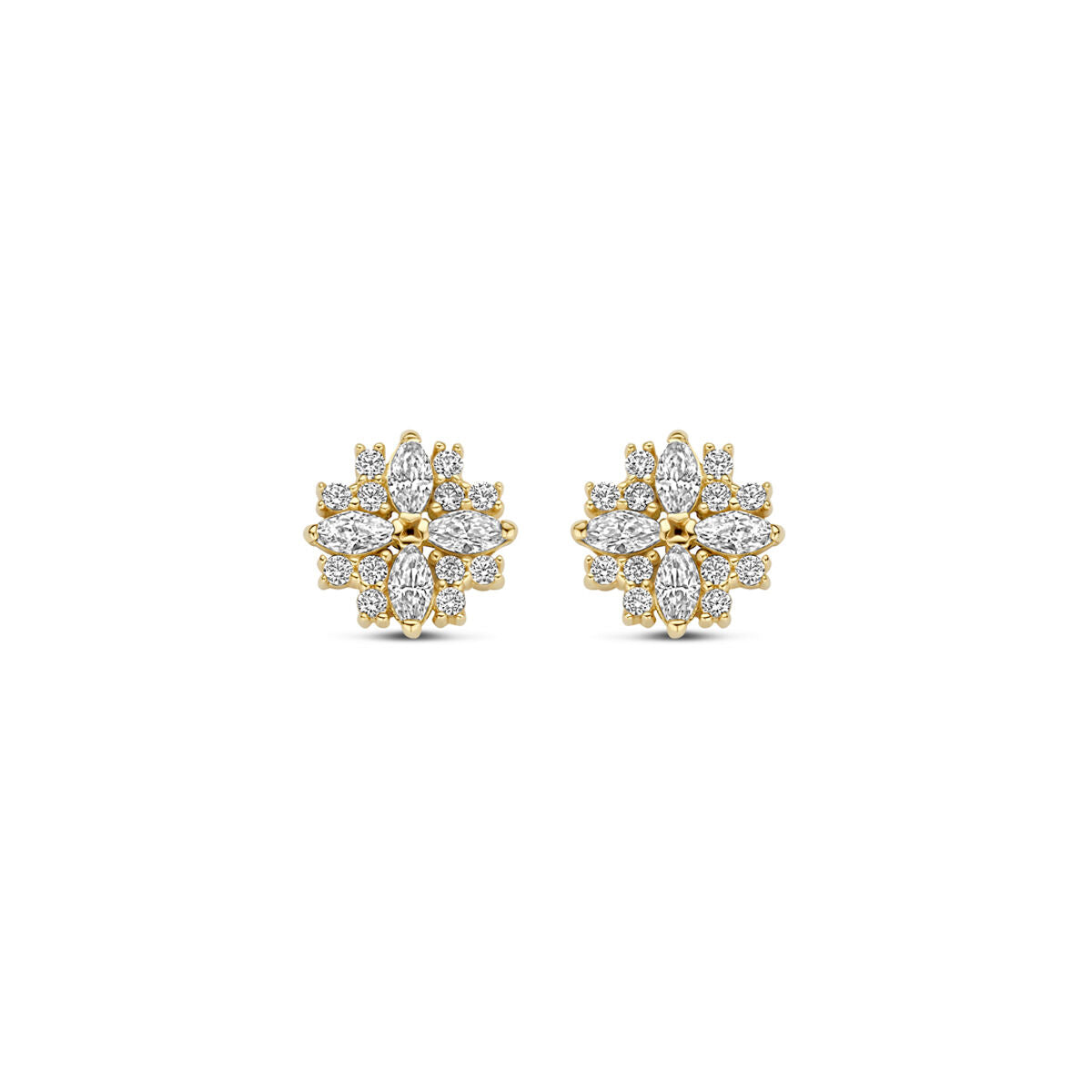 Orecchini in oro giallo 14K con zirconi, forma floreale, diametro di 7 mm.