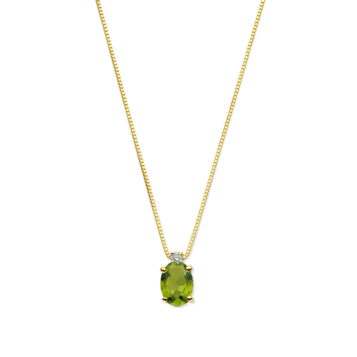 Collana in oro giallo 14K con pendente in tormalina verde e diamante.