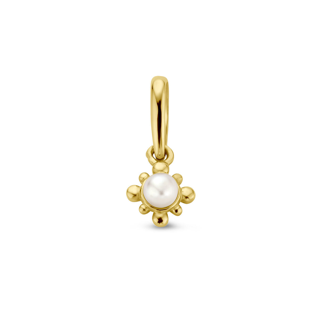 Ciondolo a forma di fiore in oro giallo 14K con perla centrale.