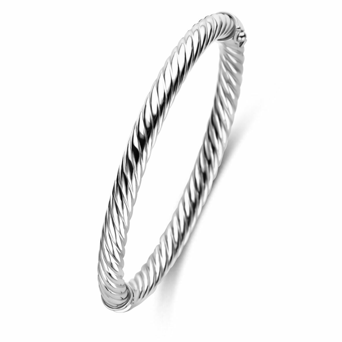 Zilveren bangle armband met gedraaide structuur en gerhodineerde afwerking.
