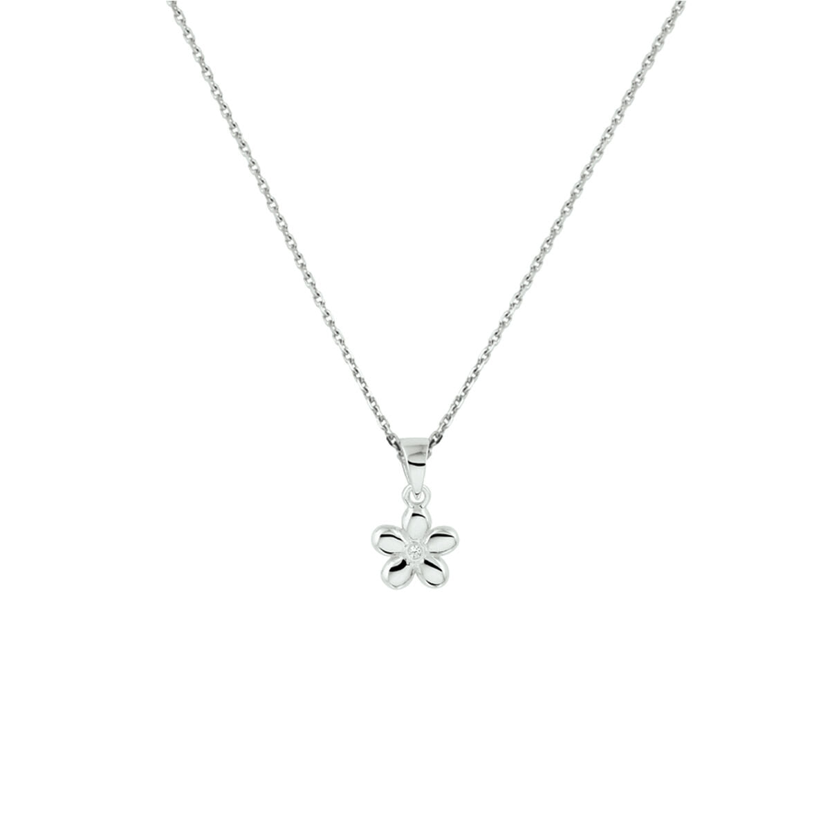 Collana in argento rodiato con ciondolo a forma di fiore, catena da 36 + 4 cm.