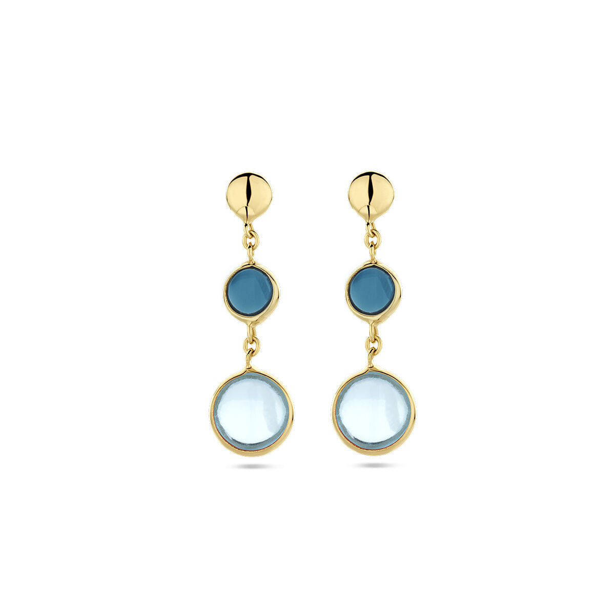 Orecchini in oro giallo 14K con topazi blu e london blue, forma pendente.