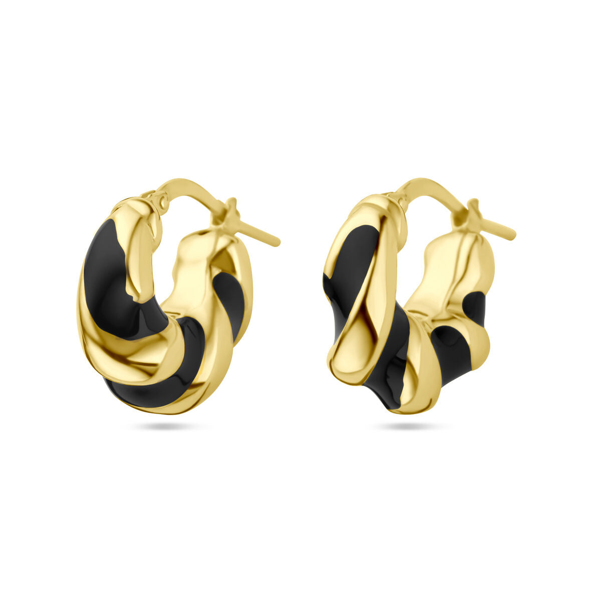 Orecchini alla creola in argento dorato con smalto nero, design intrecciato.