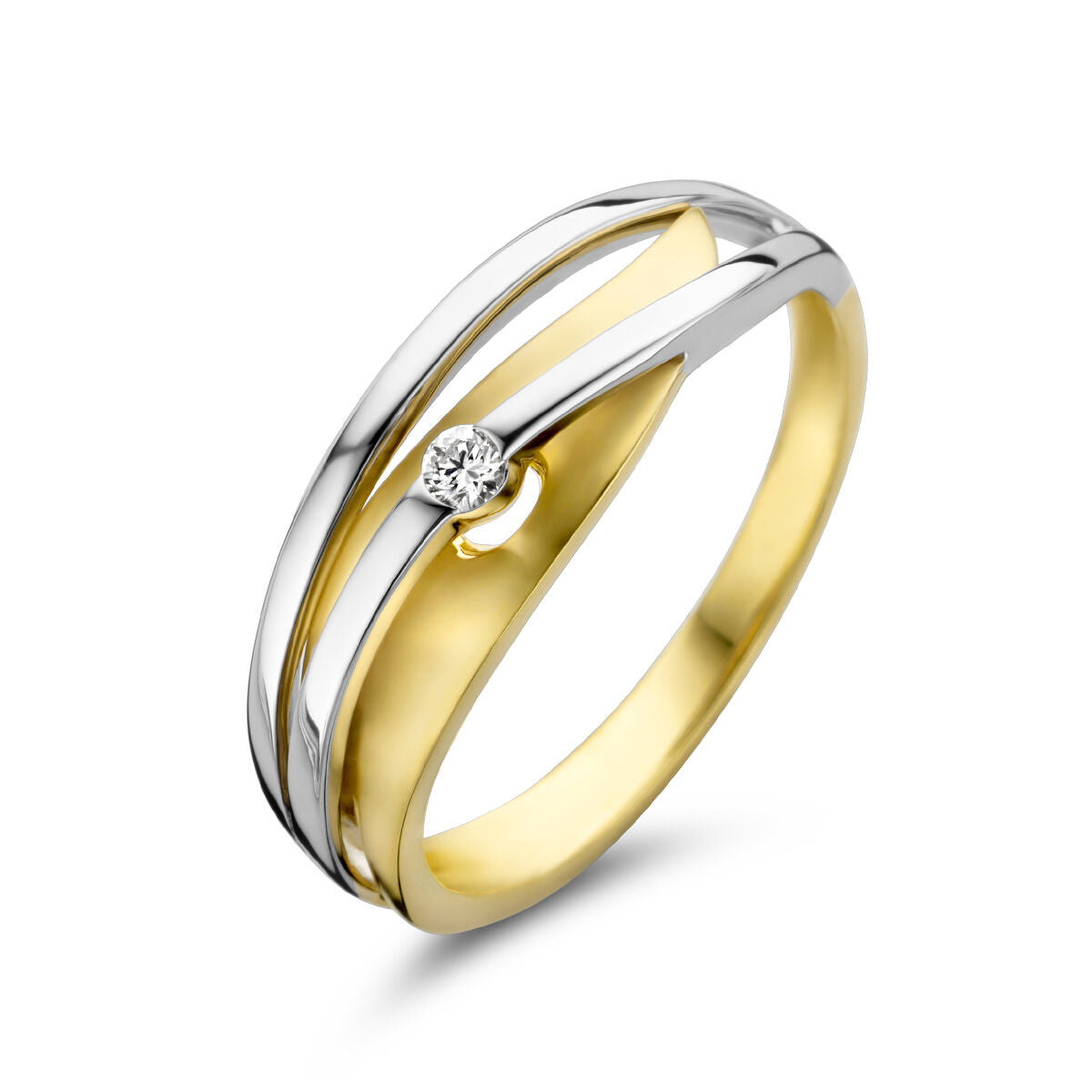 Anello bicolore in oro giallo e bianco con diamante di 0,04 ct.