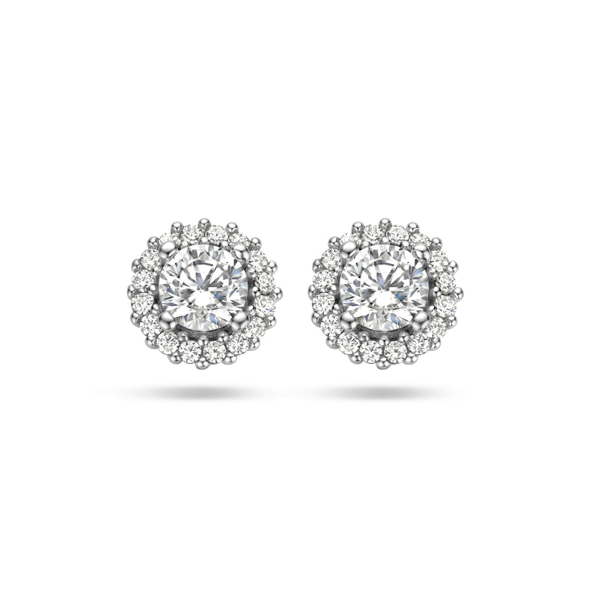 Orecchini in argento rodiato con zirconi a forma di halo.