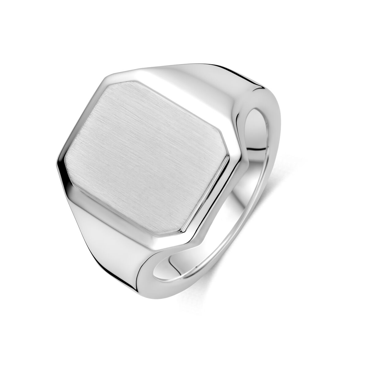 anello con sigillo in argento bianco lucido e opaco, forma esagonale.