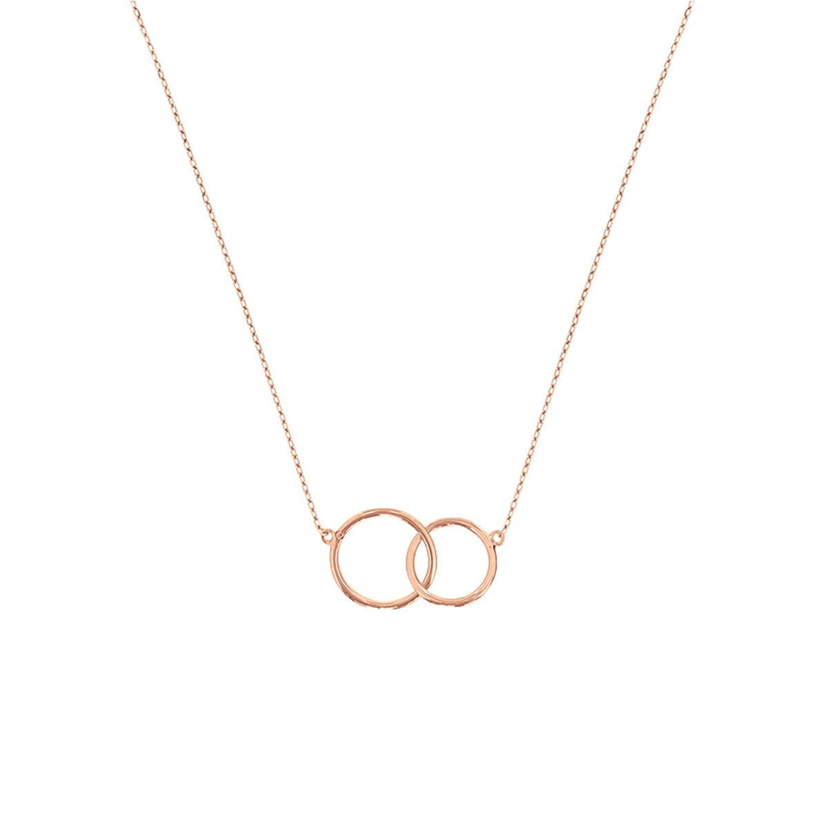Collana in oro rosa 14K con due cerchi interconnessi.