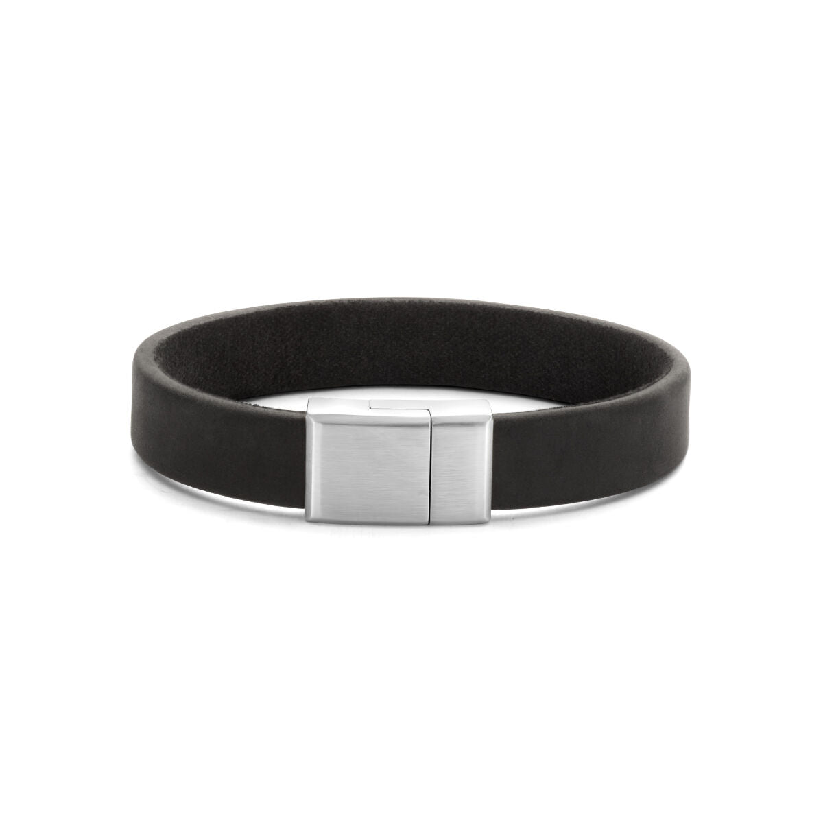 Zwarte leren armband van 12 mm met een edelstalen sluiting.