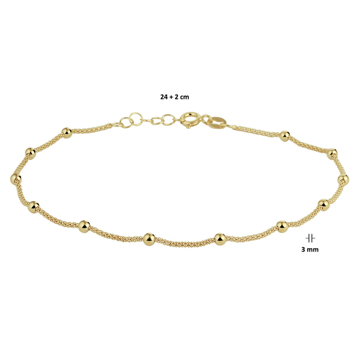 cavigliera palline 3,0 mm 24 + 2 cm 3 micron argento placcato oro (giallo)
