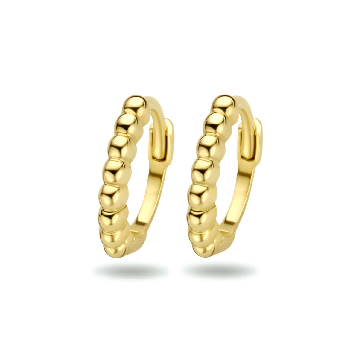 Orecchini alla creola in oro giallo 14K con pallini decorativi.