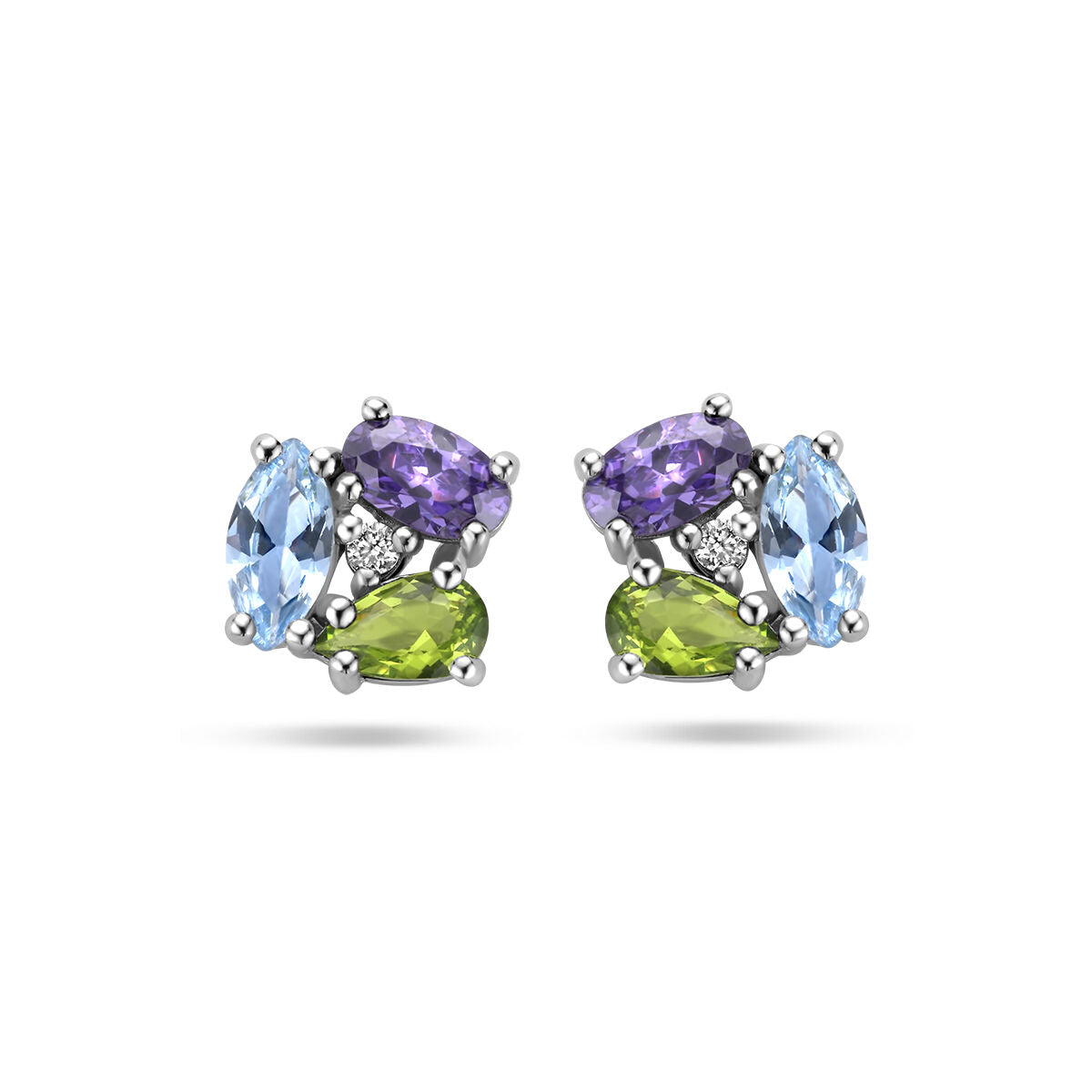 Orecchini in argento rodiato con zirconi e pietre sintetiche colorate.