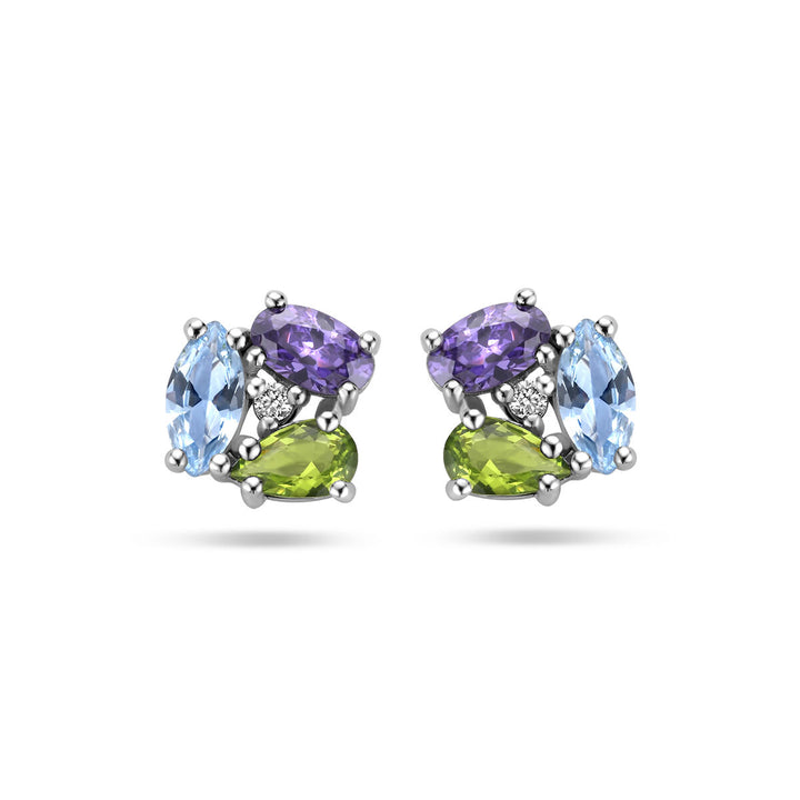 Een paar Van der Kooij Collectie oorknoppen zirkonia en synth. edelstenen zilver gerhodineerd met ovale paarse, marquise lichtblauwe en groene stenen, en kleine ronde zirkonia in een kleurrijk, symmetrisch ontwerp.