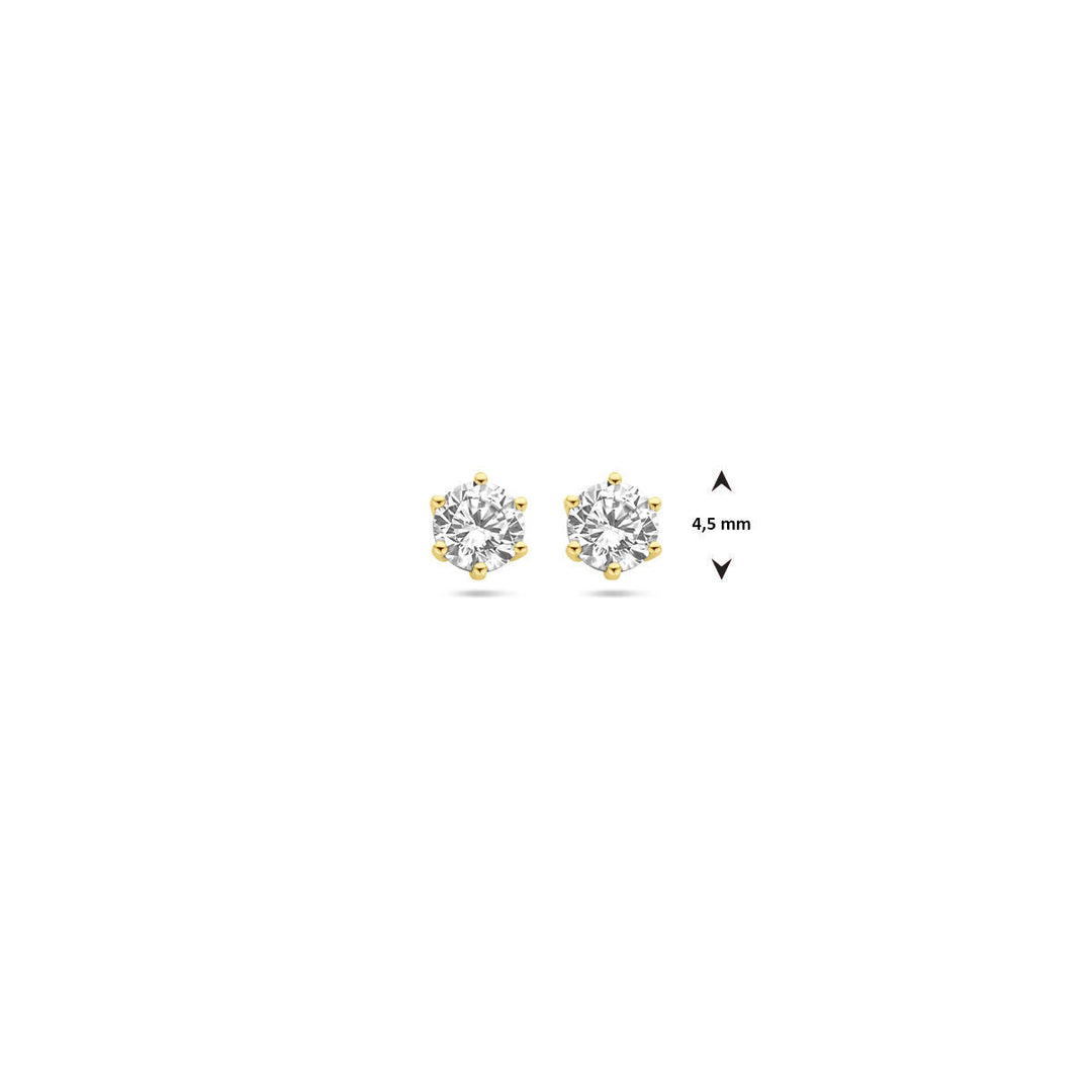 Oorknoppen zirkonia 14K geelgoud van Van der Kooij Collectie: ronde dames oorbellen met 4,5 mm diameter, weergegeven op een witte achtergrond.