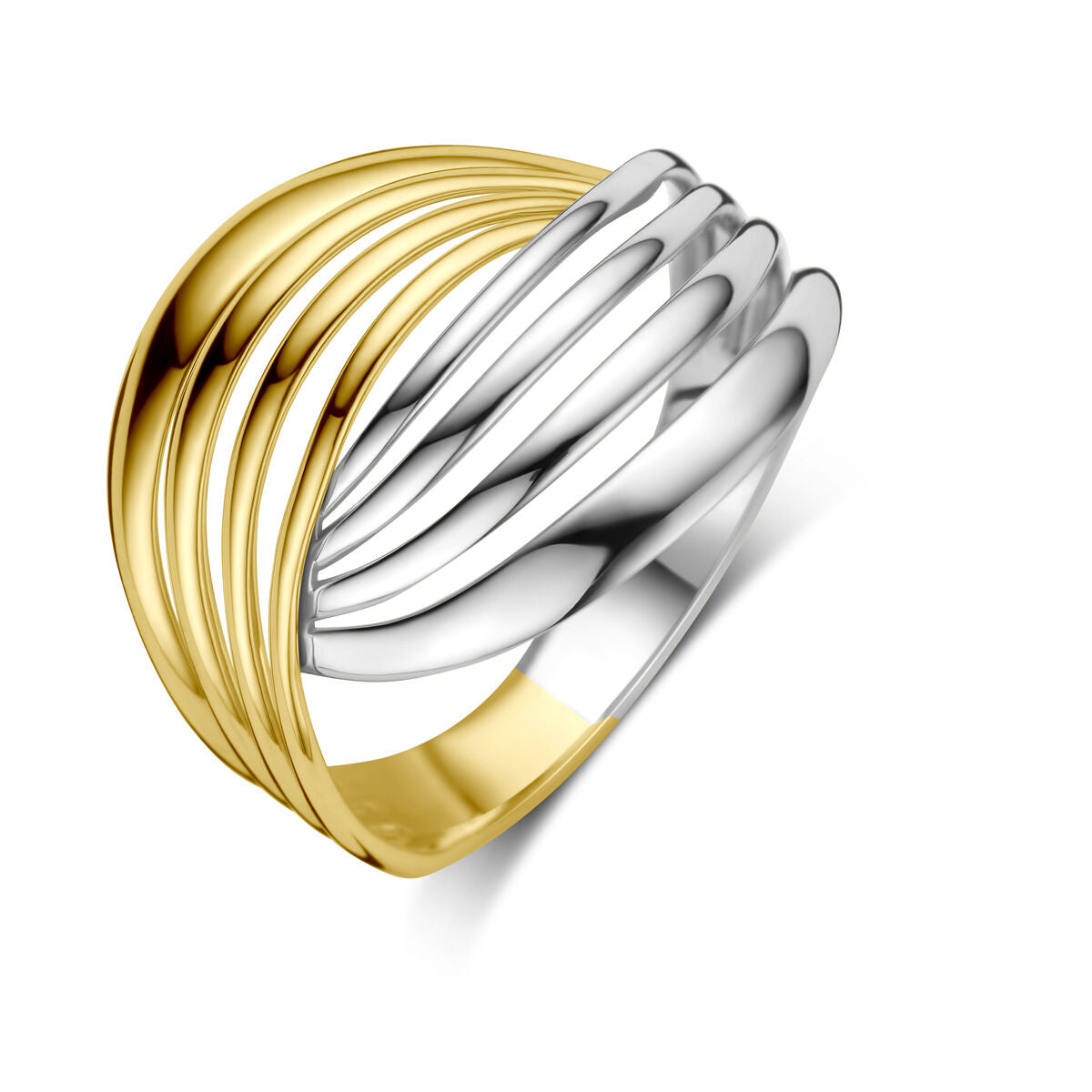 Anello in oro bicolore 14K giallo e bianco con design ondulato.